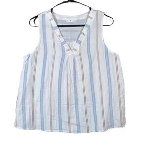 Mine Womens Blouse White Striped Sleeveless V Neck Tank Button Back Large